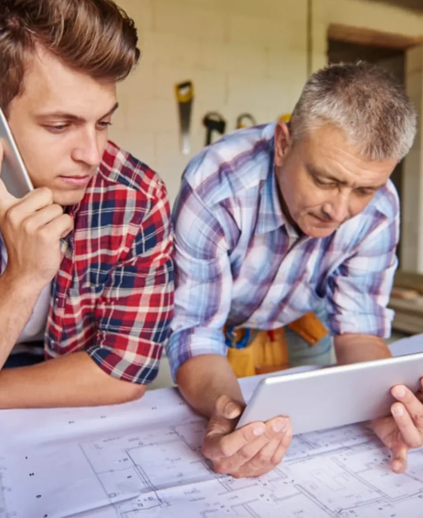 Two people reviewing property paperwork at a table